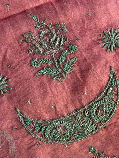 Candy Pink Shade Noor Organza Silk Chikankari Unstitched Fabric