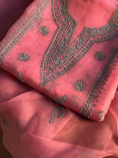 Candy Pink Shade Noor Organza Silk Chikankari Unstitched Fabric