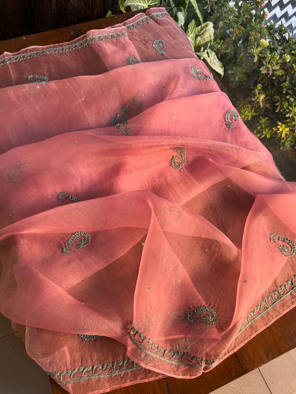 Candy Pink Shade Noor Organza Silk Chikankari Unstitched Fabric
