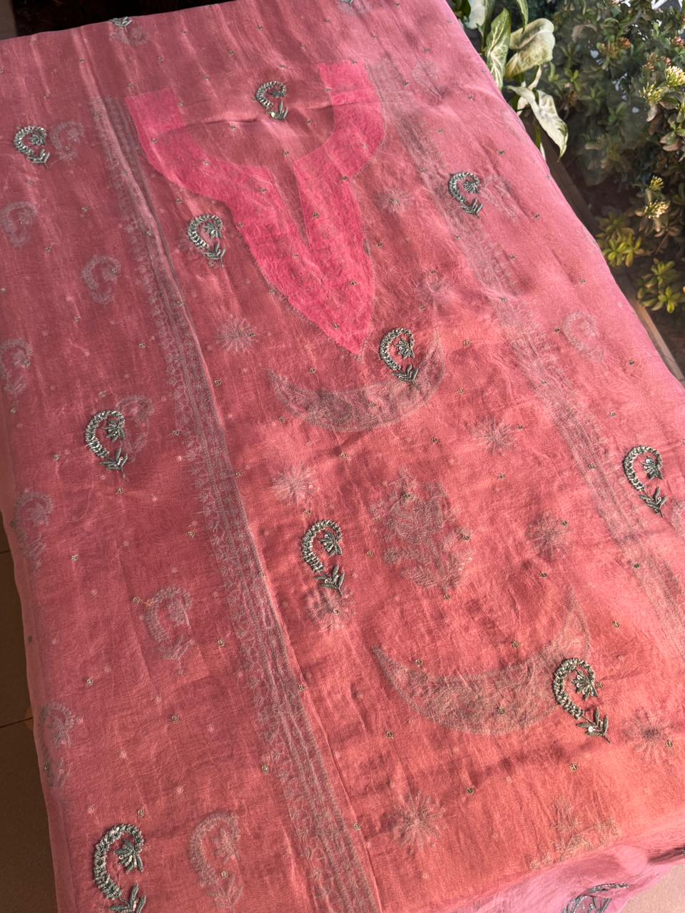 Candy Pink Shade Noor Organza Silk Chikankari Unstitched Fabric
