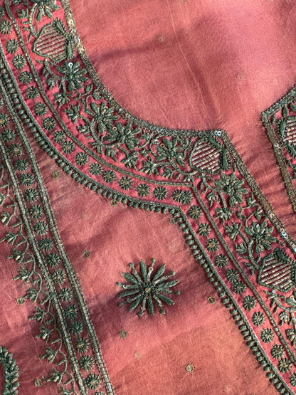 Candy Pink Shade Noor Organza Silk Chikankari Unstitched Fabric