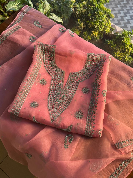 Candy Pink Shade Noor Organza Silk Chikankari Unstitched Fabric