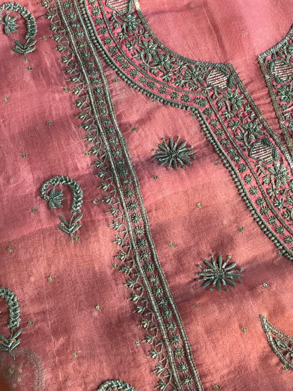 Candy Pink Shade Noor Organza Silk Chikankari Unstitched Fabric