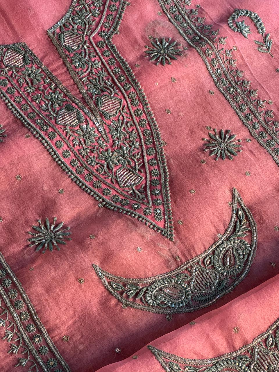 Candy Pink Shade Noor Organza Silk Chikankari Unstitched Fabric