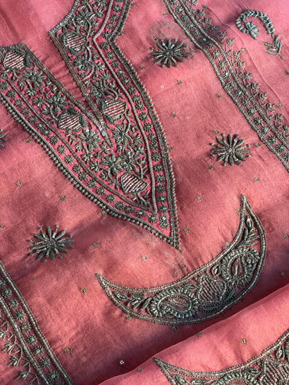 Candy Pink Shade Noor Organza Silk Chikankari Unstitched Fabric