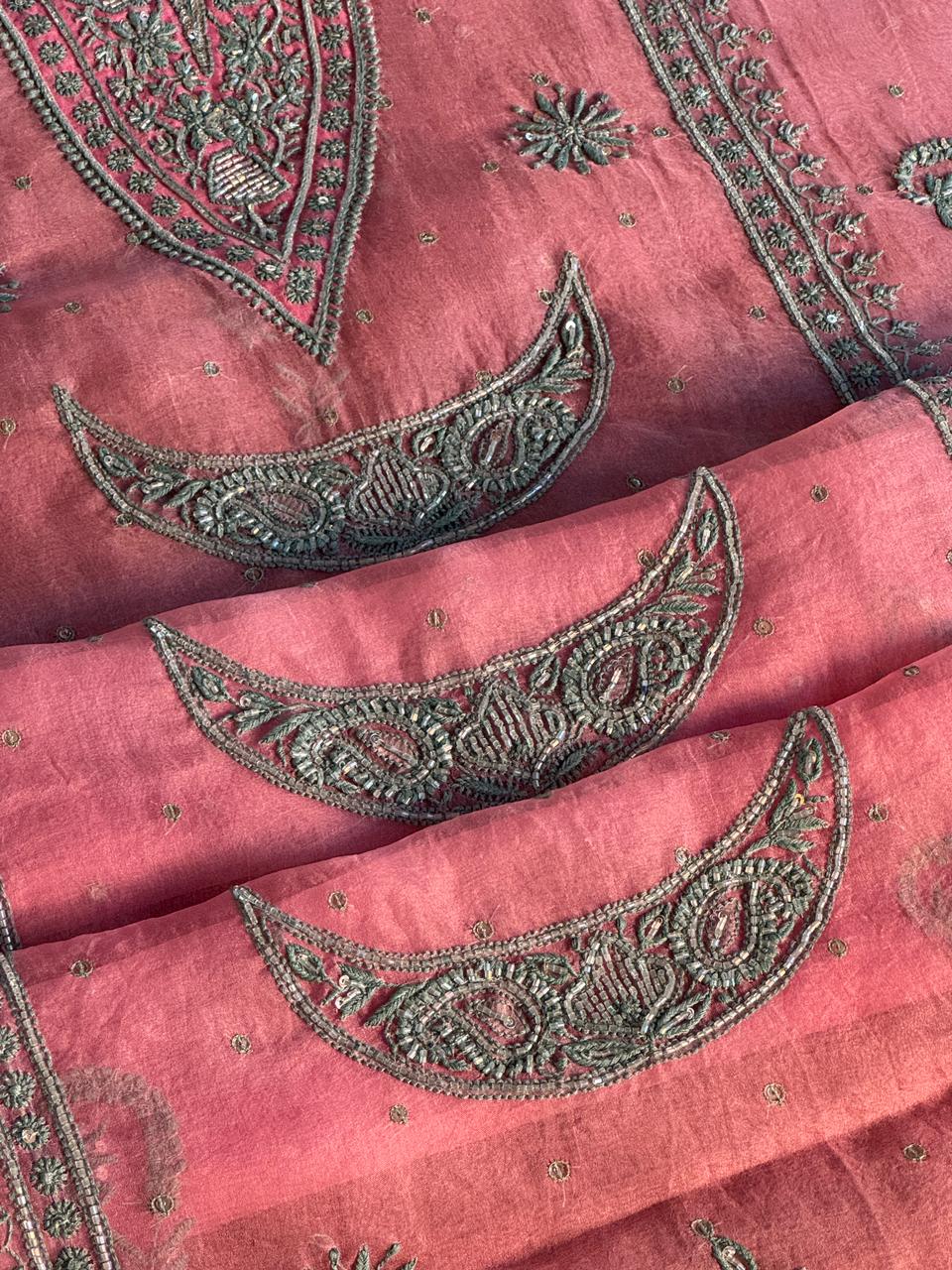 Candy Pink Shade Noor Organza Silk Chikankari Unstitched Fabric