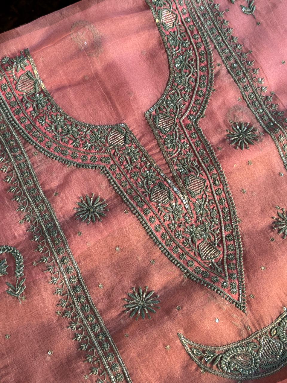 Candy Pink Shade Noor Organza Silk Chikankari Unstitched Fabric