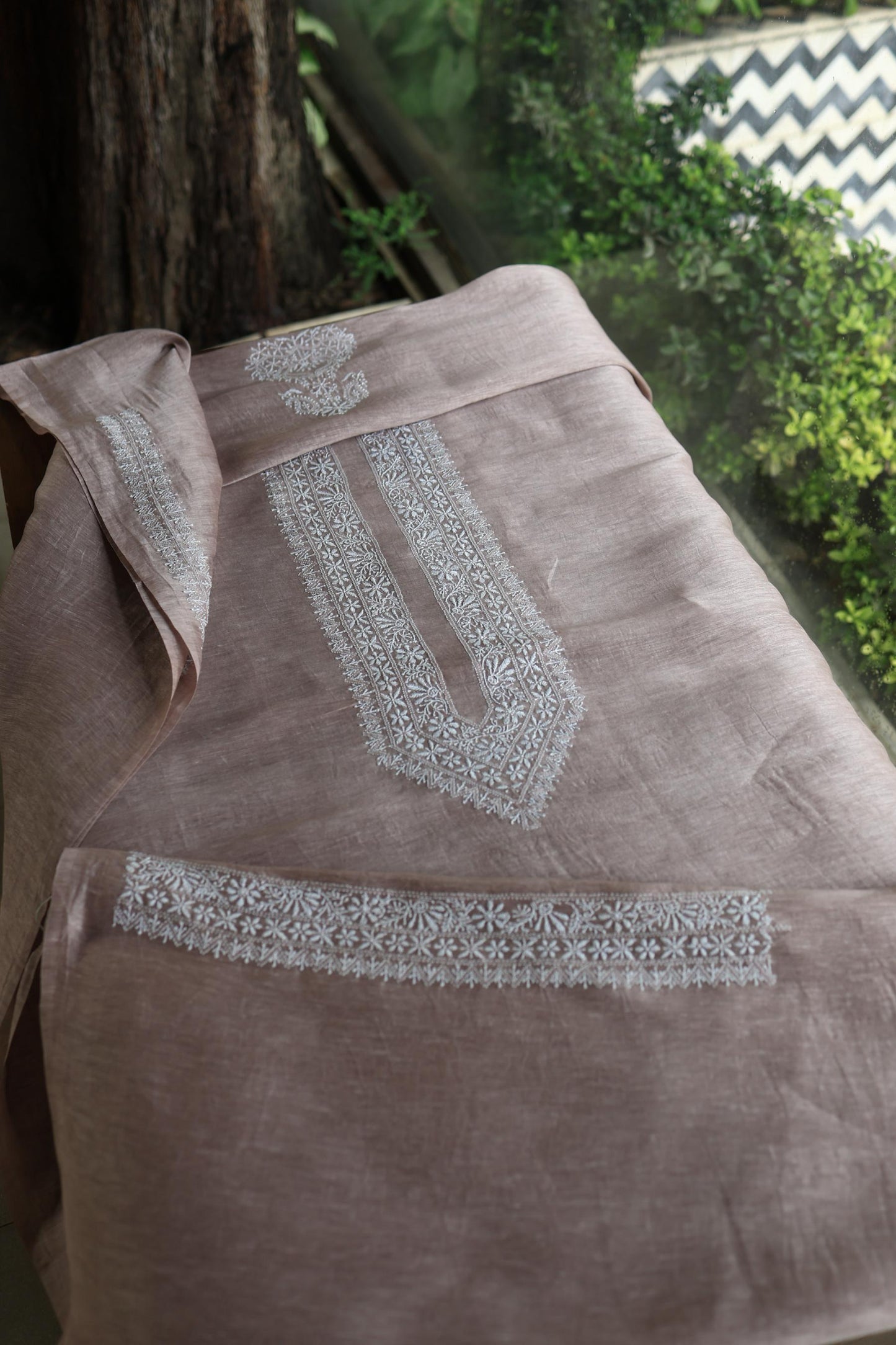 Carbon Grey Linen Chikankari Unstitched Men's Kurtas Fabric