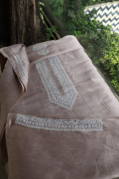 Carbon Grey Linen Chikankari Unstitched Men's Kurtas Fabric