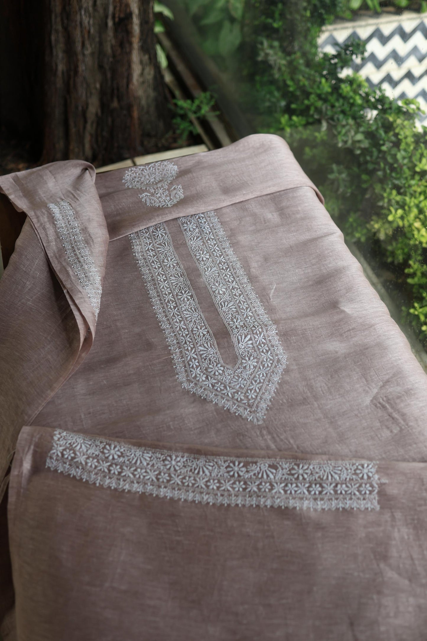 Carbon Grey Linen Chikankari Unstitched Men's Kurtas Fabric