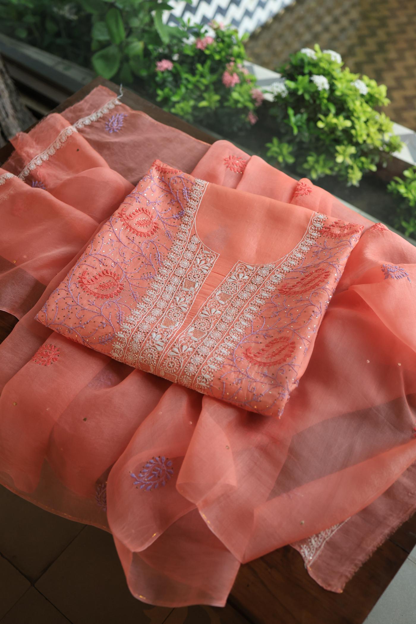 Carrot Pink Noor Organza Silk Chikankari With Mukaish Kamdani Fabric