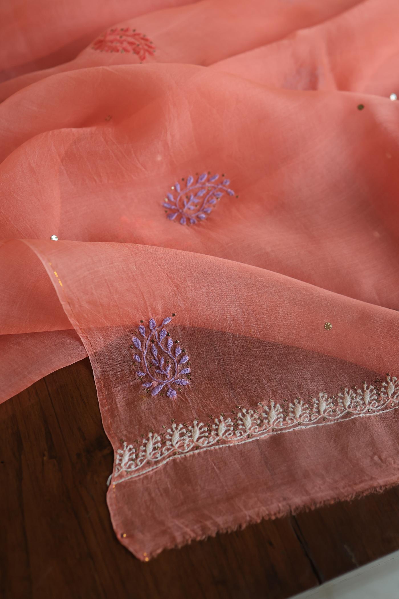 Carrot Pink Noor Organza Silk Chikankari With Mukaish Kamdani Fabric