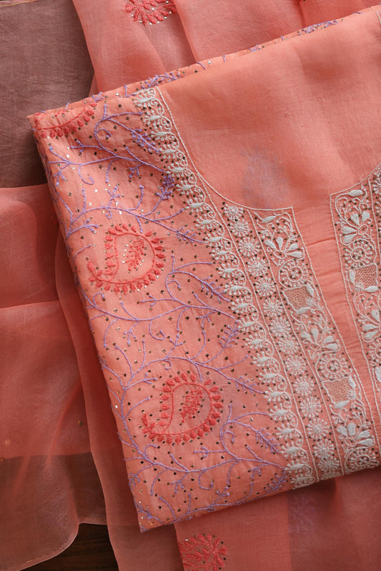 Carrot Pink Noor Organza Silk Chikankari With Mukaish Kamdani Fabric