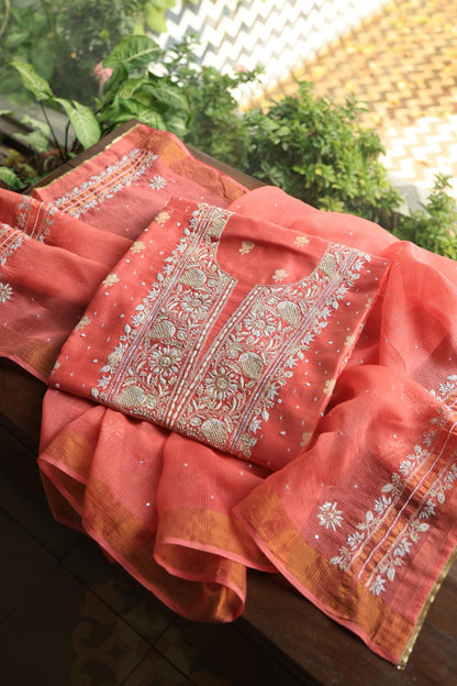 Carrot Pink Banarasi Zari Chanderi Unstitched Chikankari Fabric