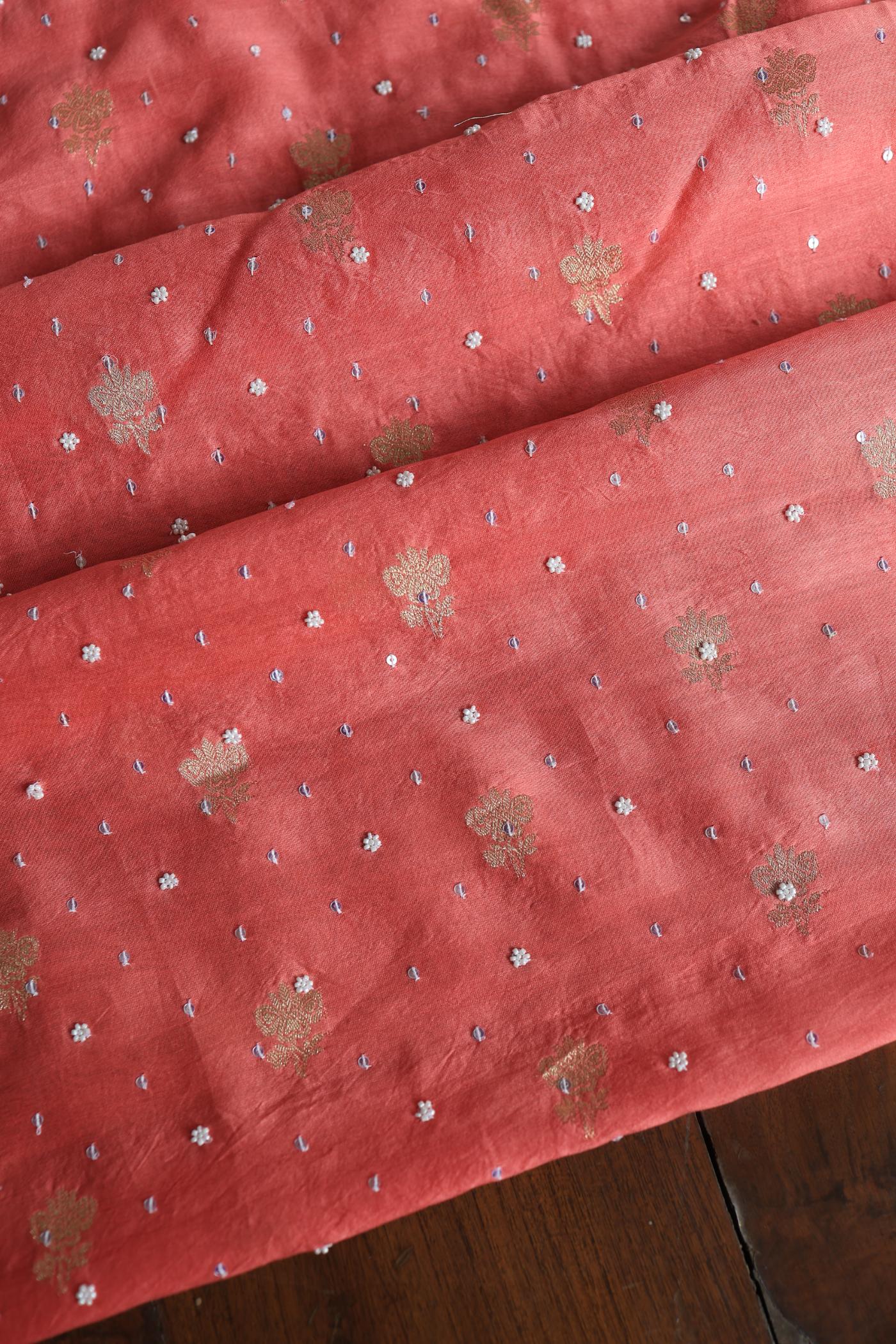 Carrot Pink Banarasi Zari Chanderi Unstitched Chikankari Fabric