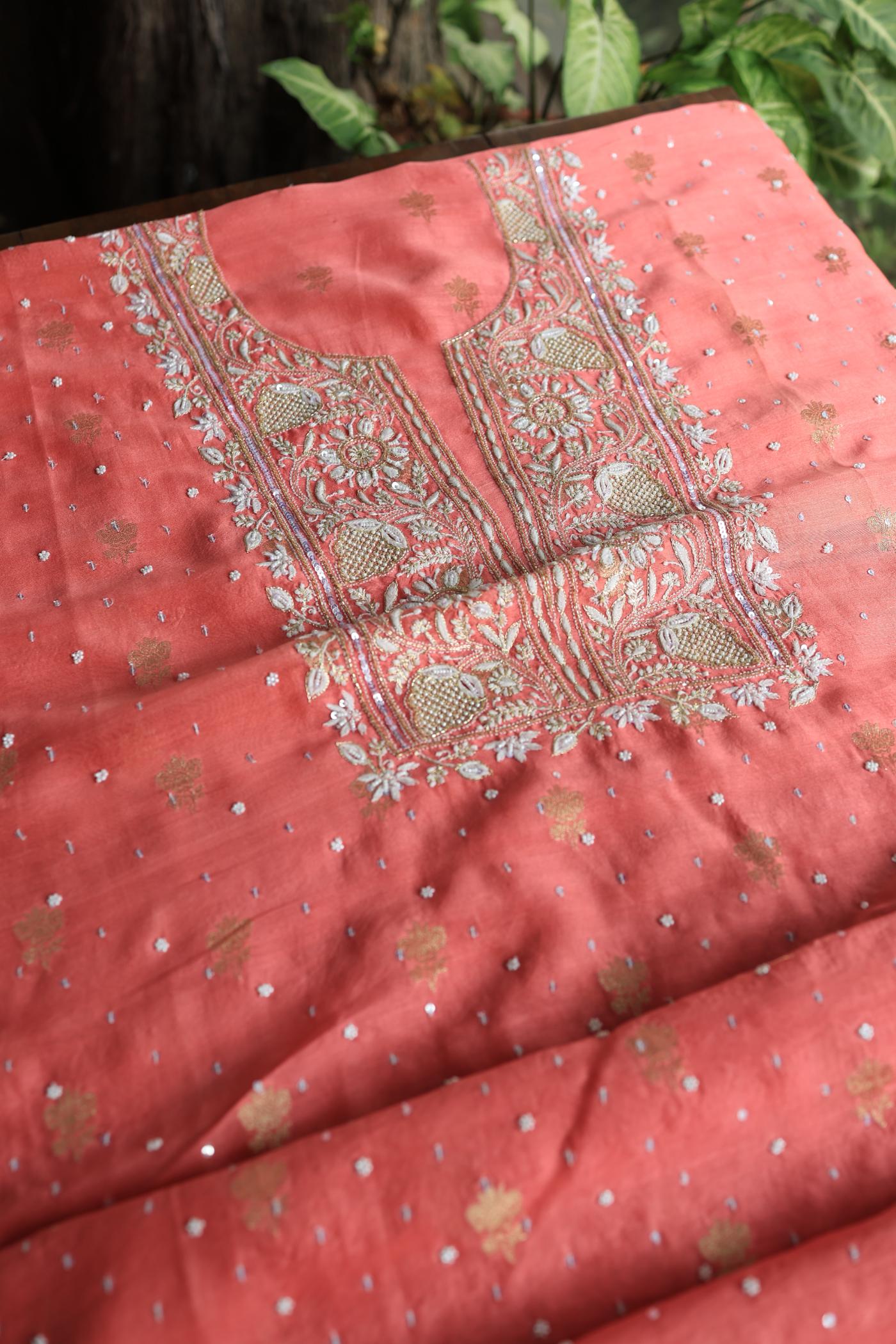 Carrot Pink Banarasi Zari Chanderi Unstitched Chikankari Fabric