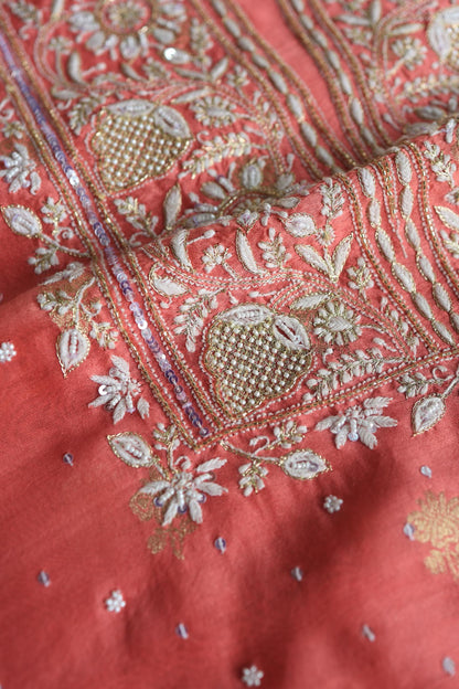 Carrot Pink Banarasi Zari Chanderi Unstitched Chikankari Fabric