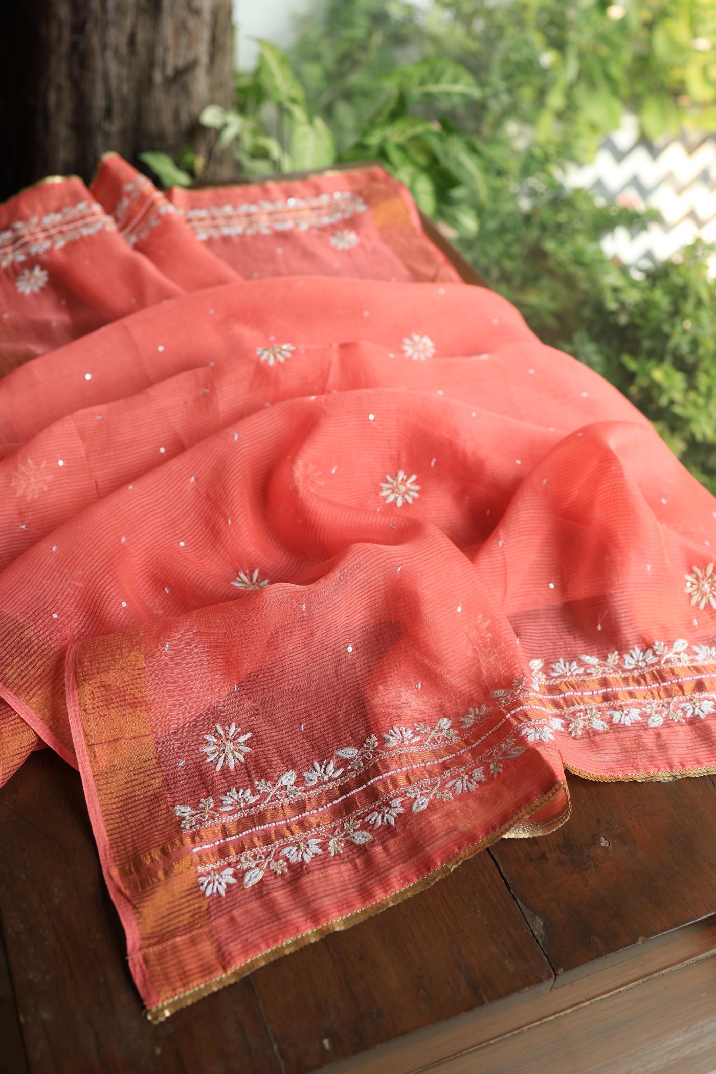 Carrot Pink Banarasi Zari Chanderi Unstitched Chikankari Fabric