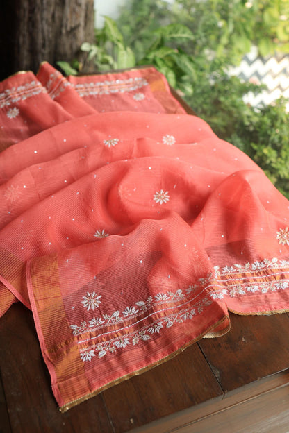 Carrot Pink Banarasi Zari Chanderi Unstitched Chikankari Fabric