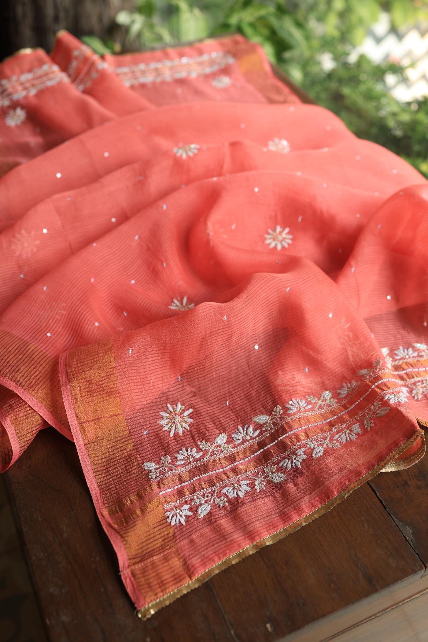 Carrot Pink Banarasi Zari Chanderi Unstitched Chikankari Fabric