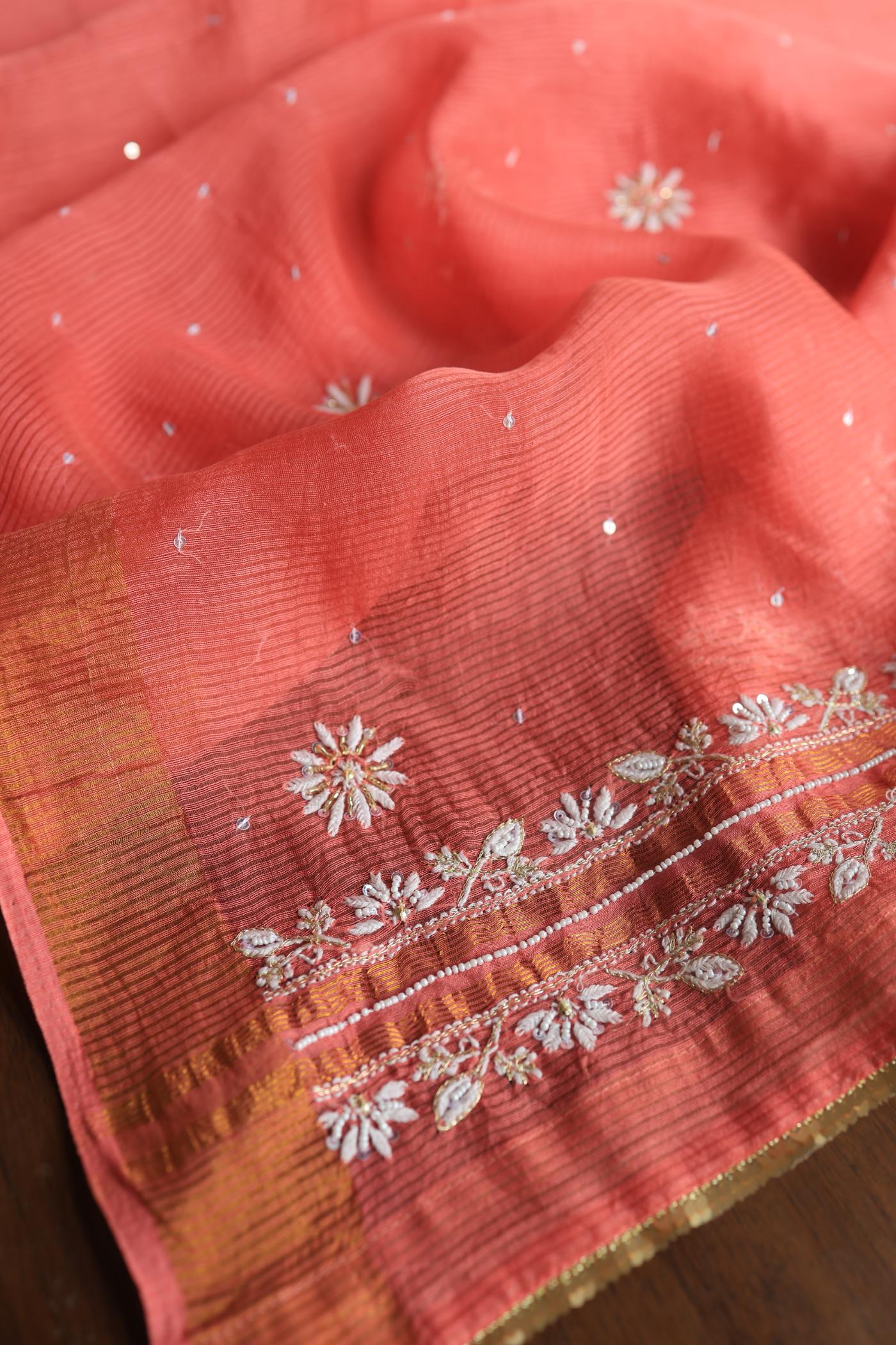 Carrot Pink Banarasi Zari Chanderi Unstitched Chikankari Fabric