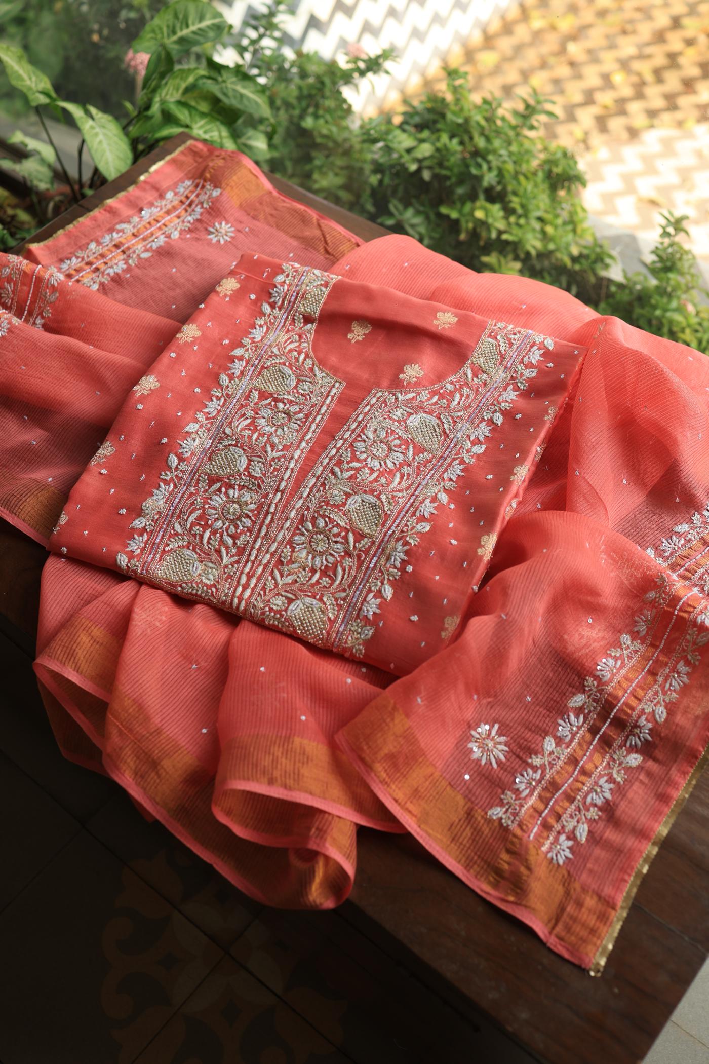 Carrot Pink Banarasi Zari Chanderi Unstitched Chikankari Fabric