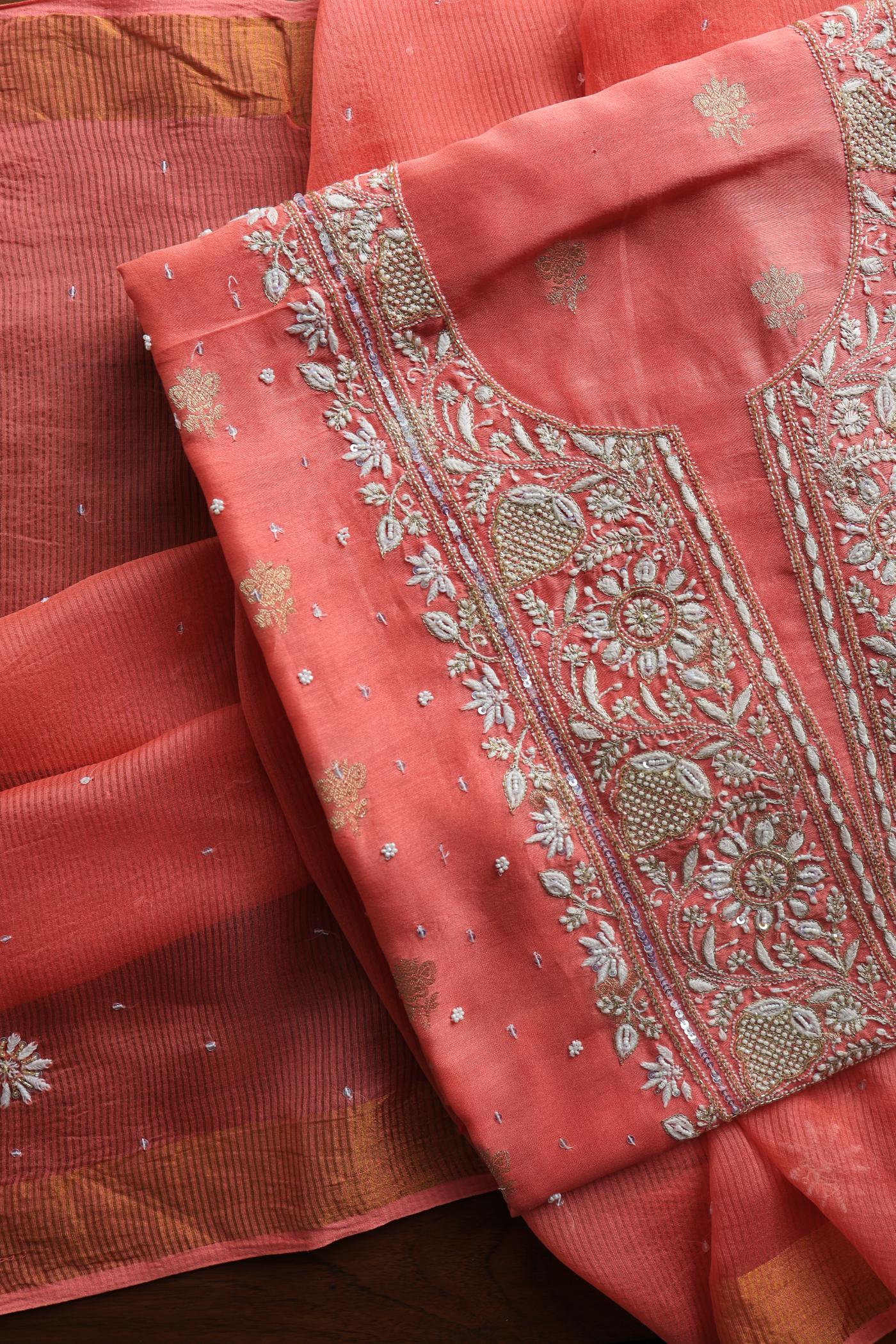 Carrot Pink Banarasi Zari Chanderi Unstitched Chikankari Fabric