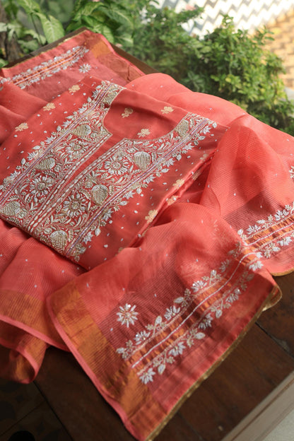 Carrot Pink Banarasi Zari Chanderi Unstitched Chikankari Fabric