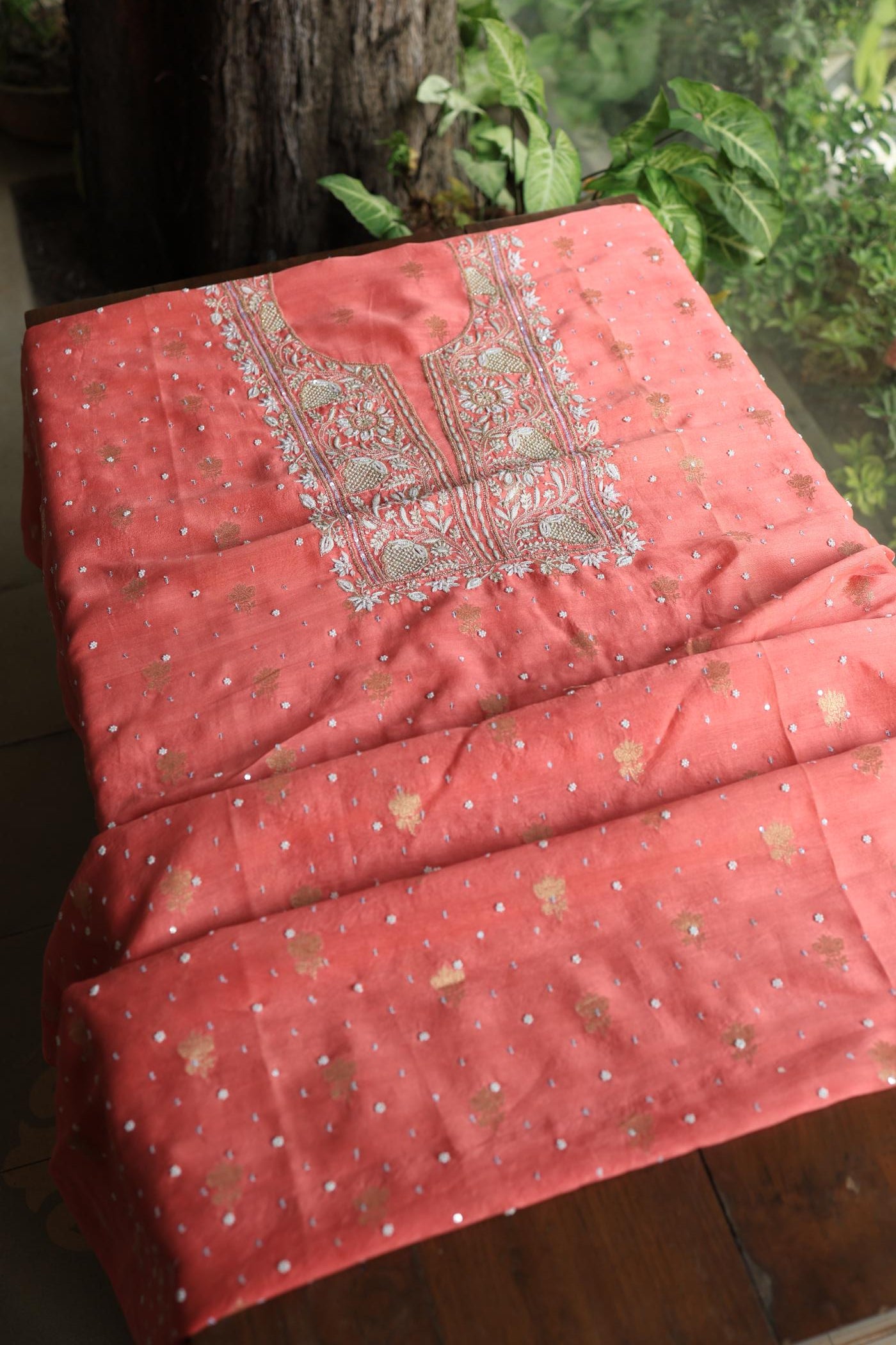 Carrot Pink Banarasi Zari Chanderi Unstitched Chikankari Fabric