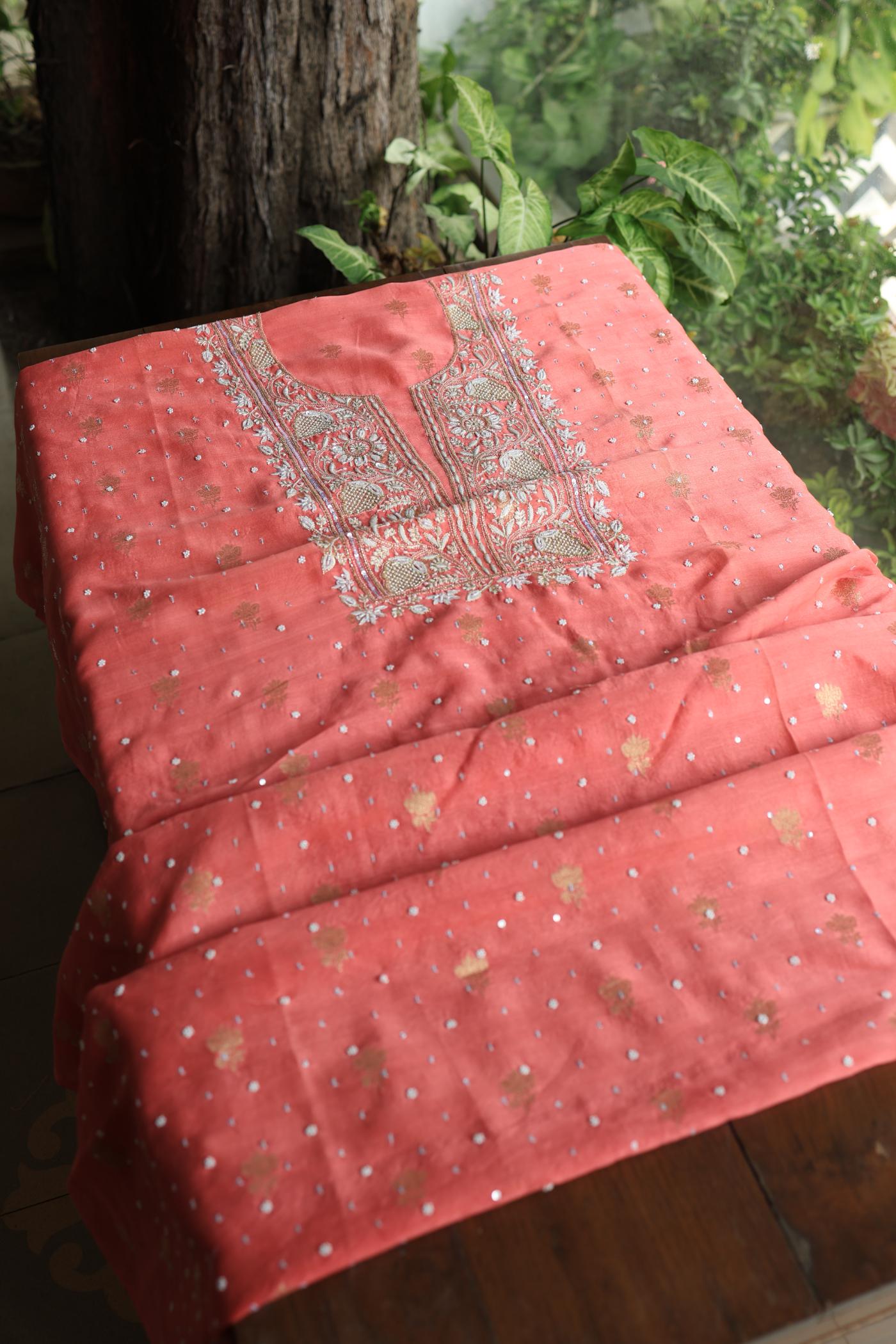 Carrot Pink Banarasi Zari Chanderi Unstitched Chikankari Fabric