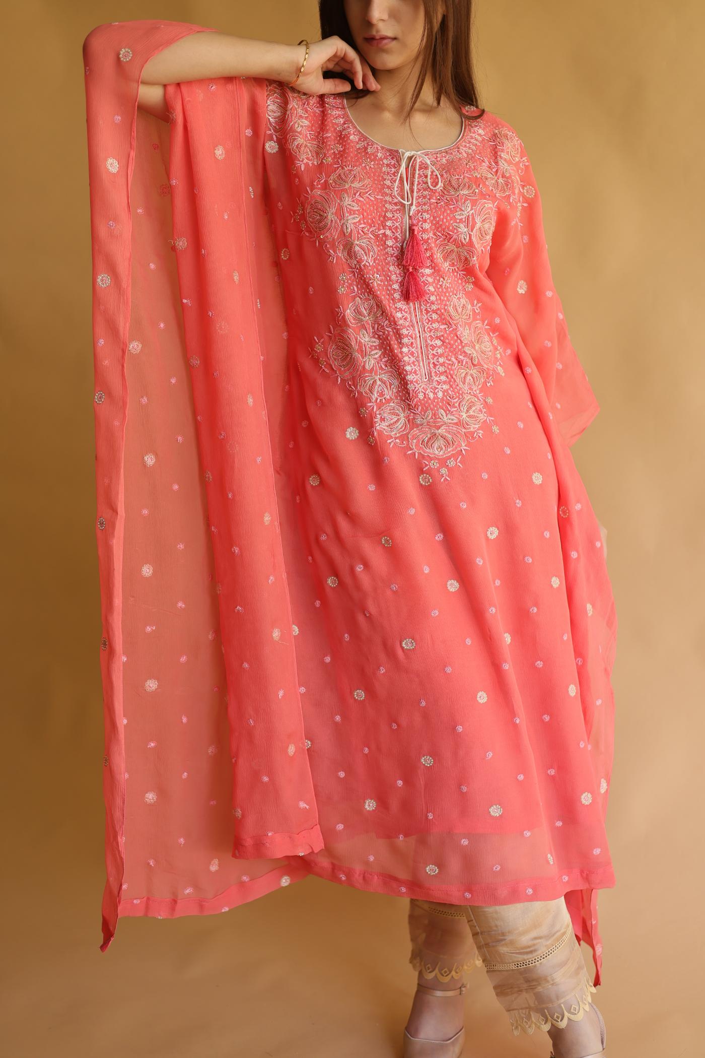 Carrot Pink Chiffon Chikankari Kaftan
