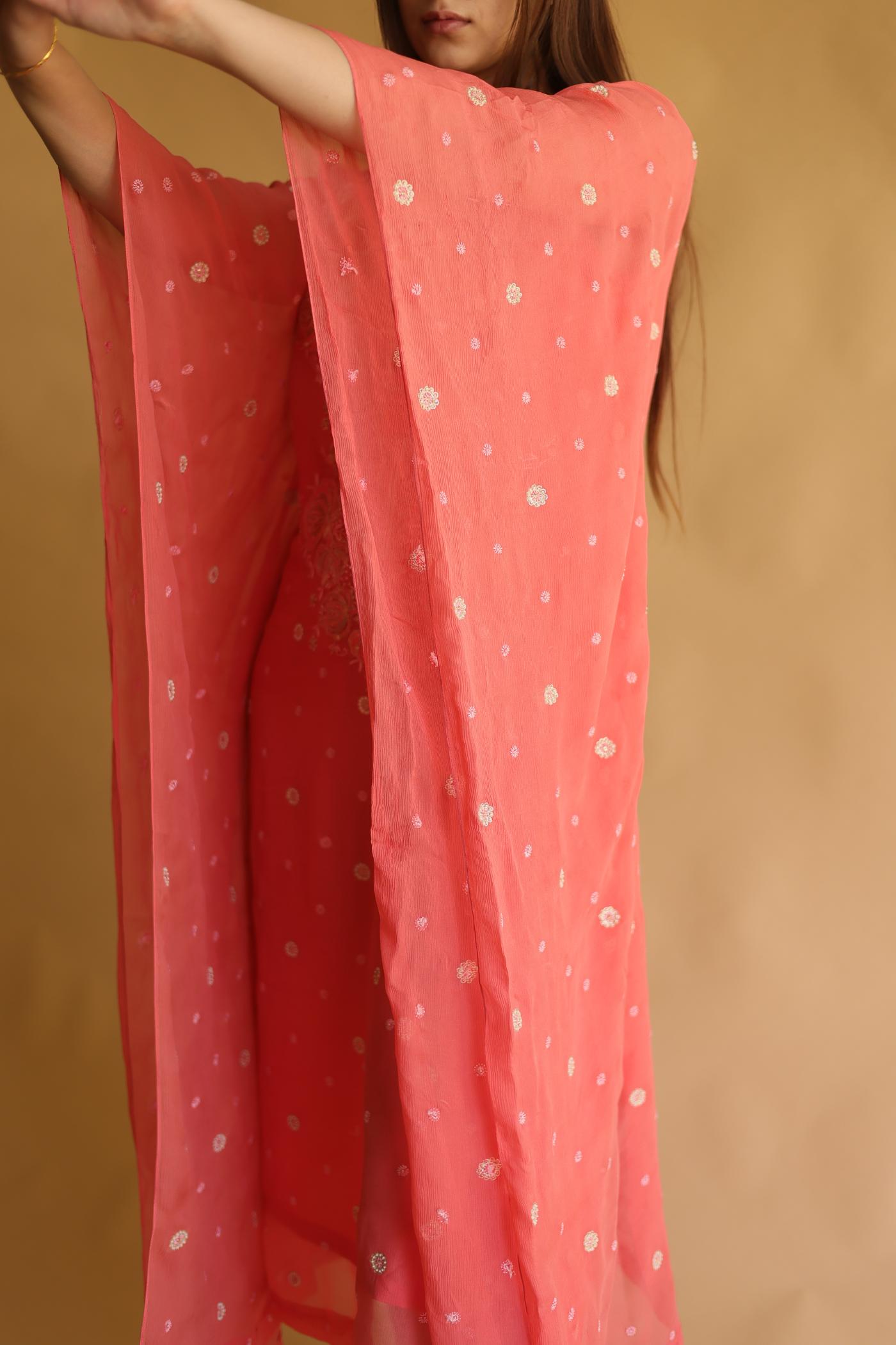 Carrot Pink Chiffon Chikankari Kaftan