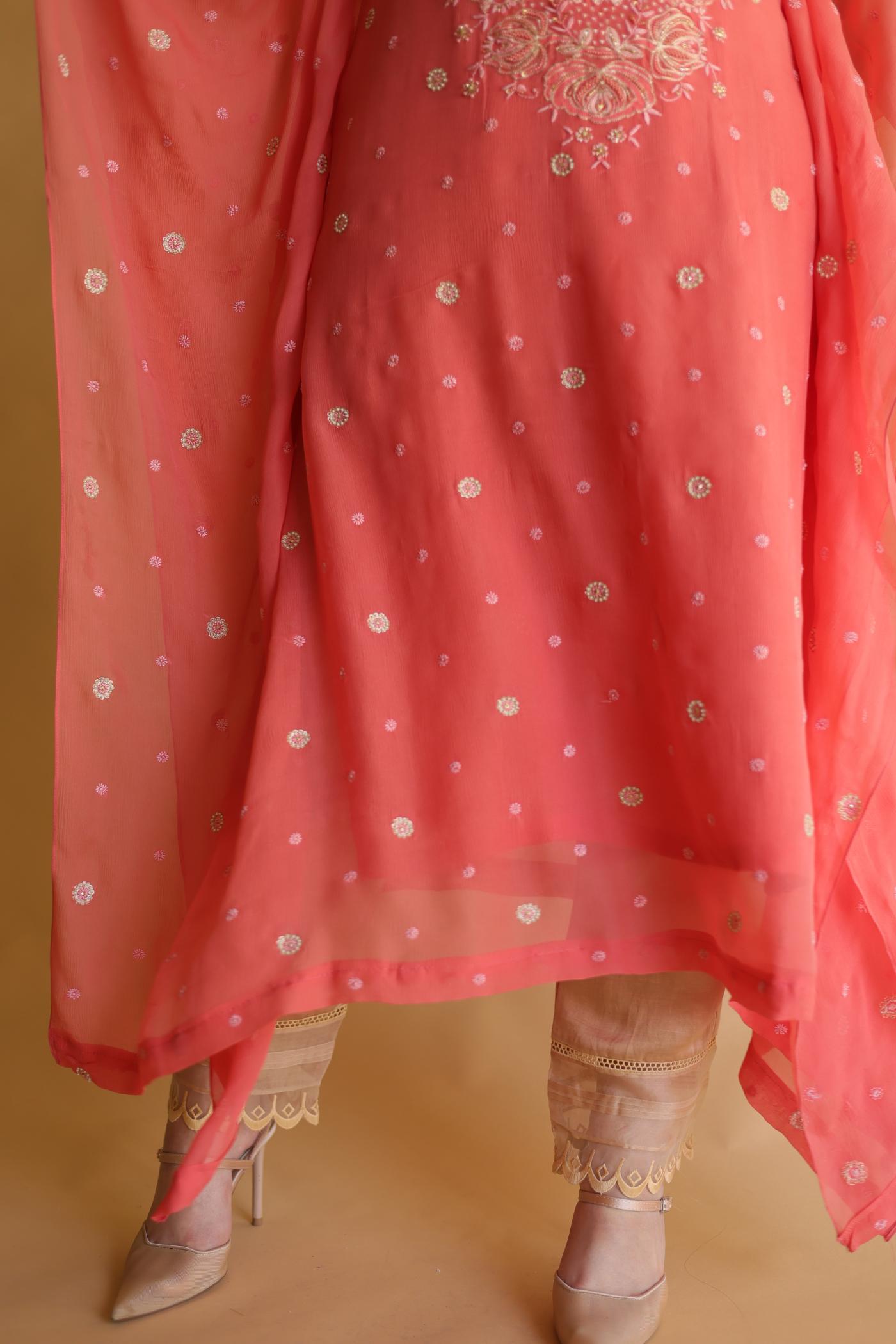 Carrot Pink Chiffon Chikankari Kaftan