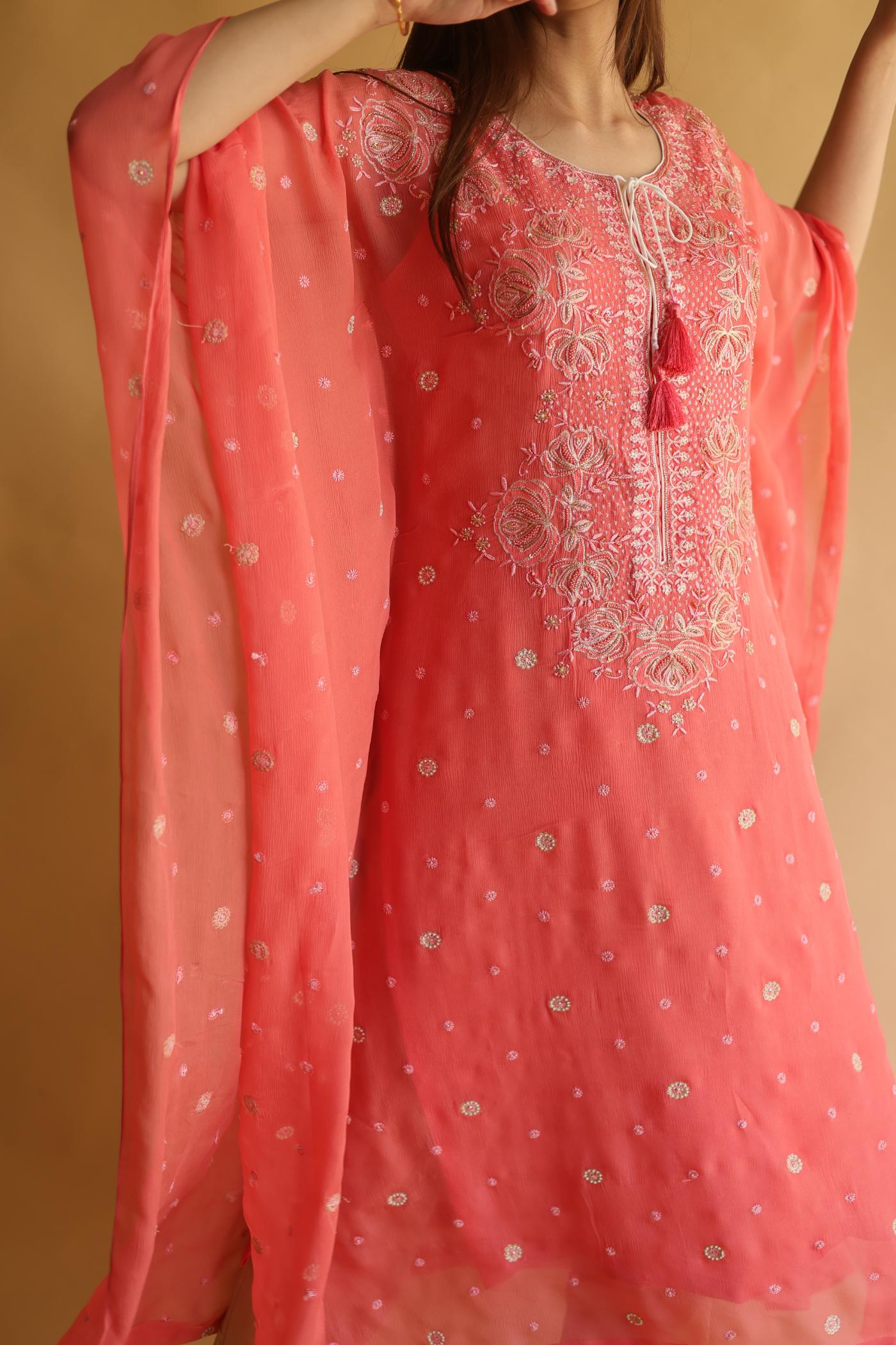 Carrot Pink Chiffon Chikankari Kaftan