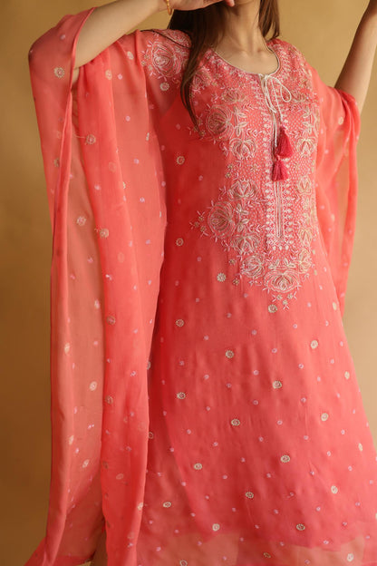 Carrot Pink Chiffon Chikankari Kaftan