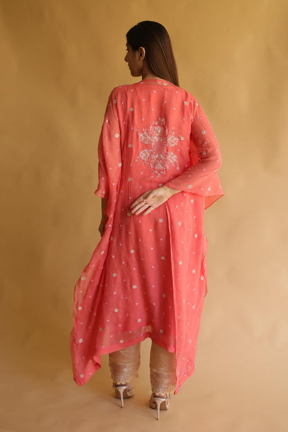 Carrot Pink Chiffon Chikankari Kaftan