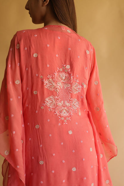 Carrot Pink Chiffon Chikankari Kaftan