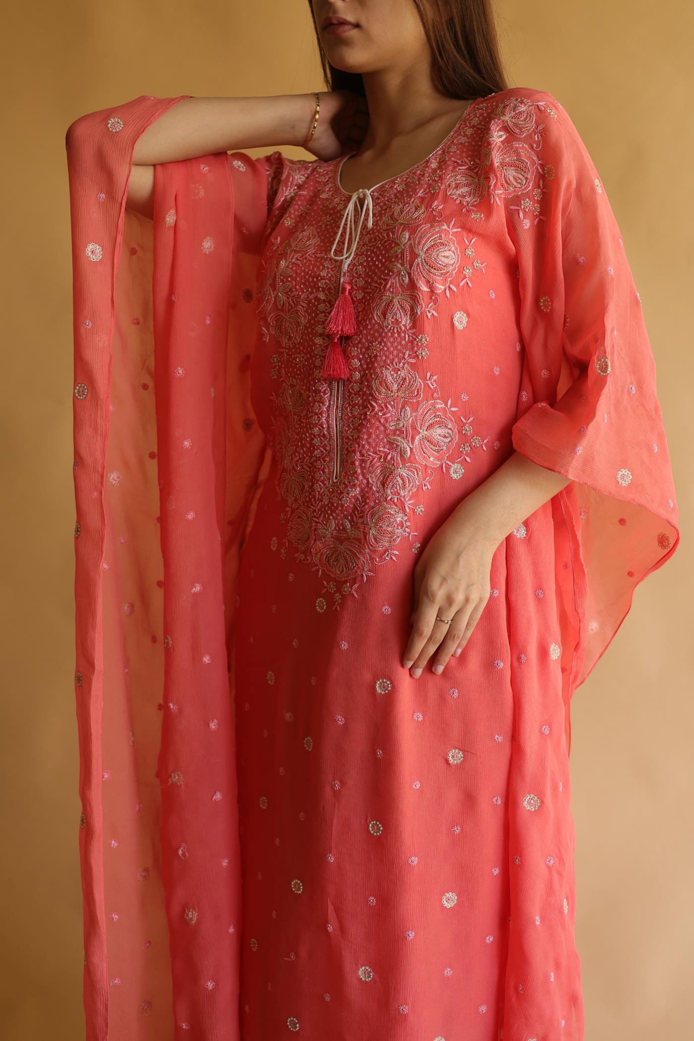 Carrot Pink Chiffon Chikankari Kaftan