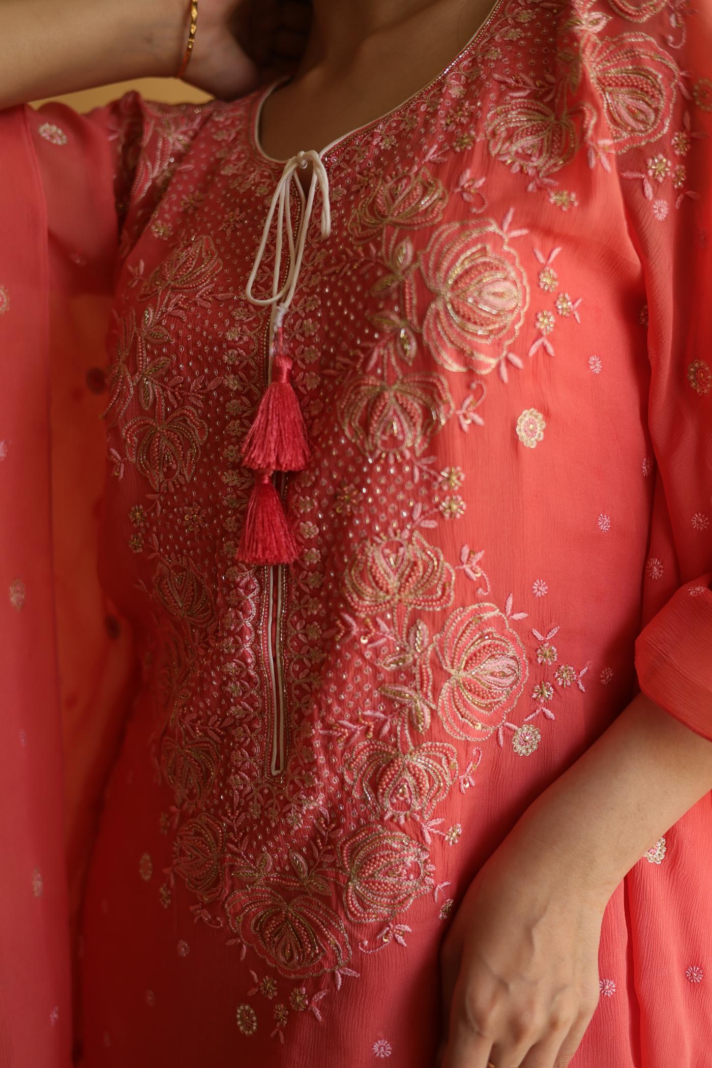 Carrot Pink Chiffon Chikankari Kaftan