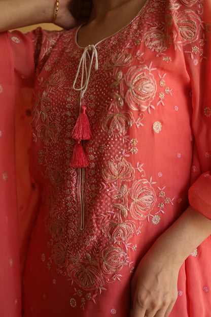 Carrot Pink Chiffon Chikankari Kaftan