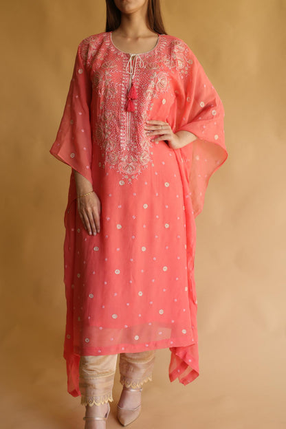 Carrot Pink Chiffon Chikankari Kaftan