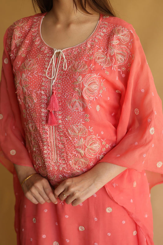 Carrot Pink Chiffon Chikankari Kaftan