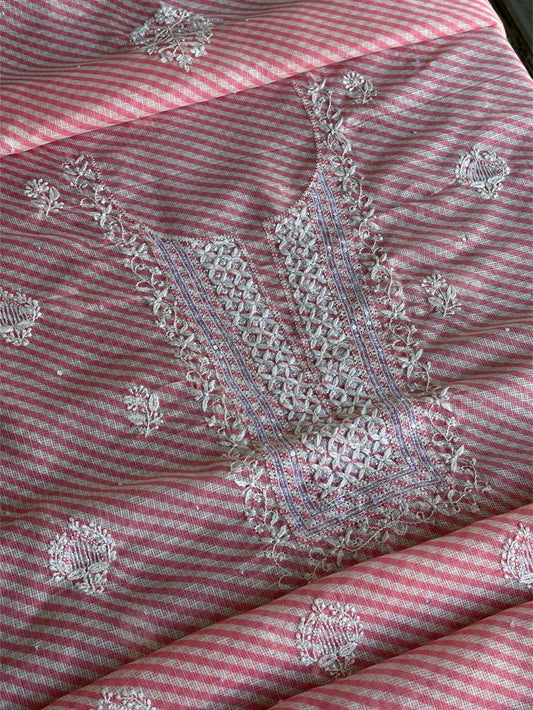 Carrot Pink Kota Lehriya Print Chikankari Unstitched Women's Kurta Fabric
