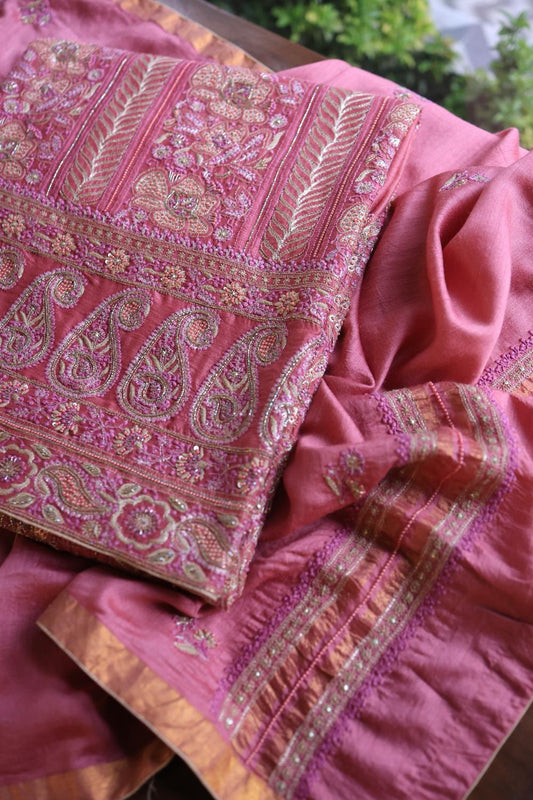 Carrot Pink Moonga Silk Chikankari Unstitched Fabric
