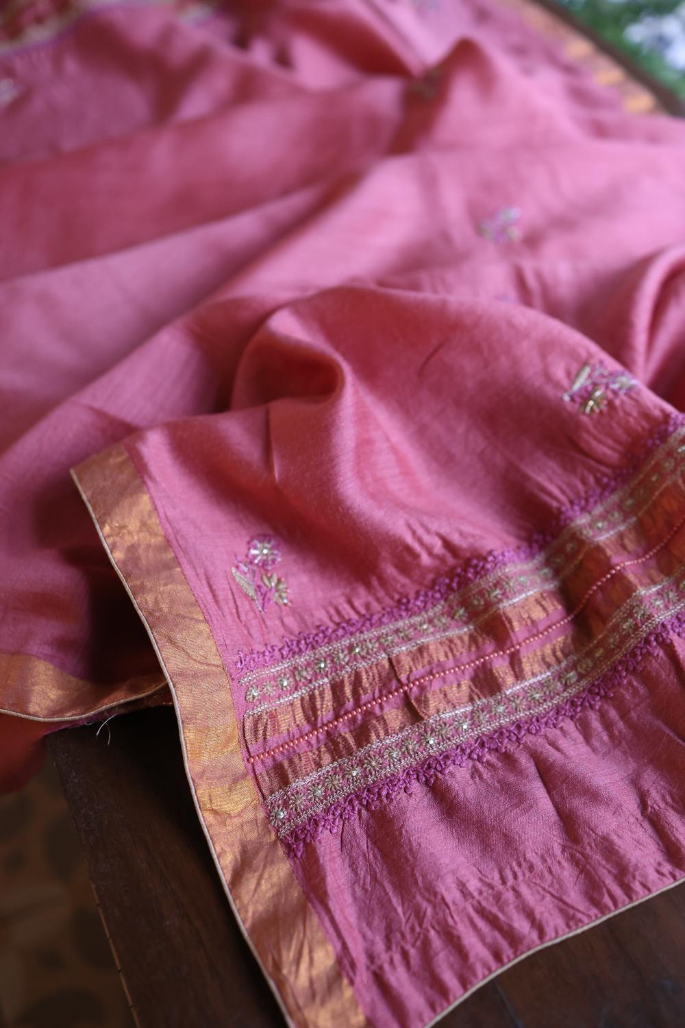 Carrot Pink Moonga Silk Chikankari Unstitched Fabric