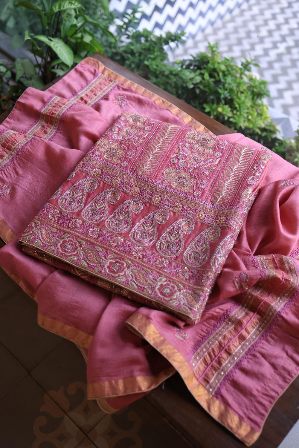 Carrot Pink Moonga Silk Chikankari Unstitched Fabric