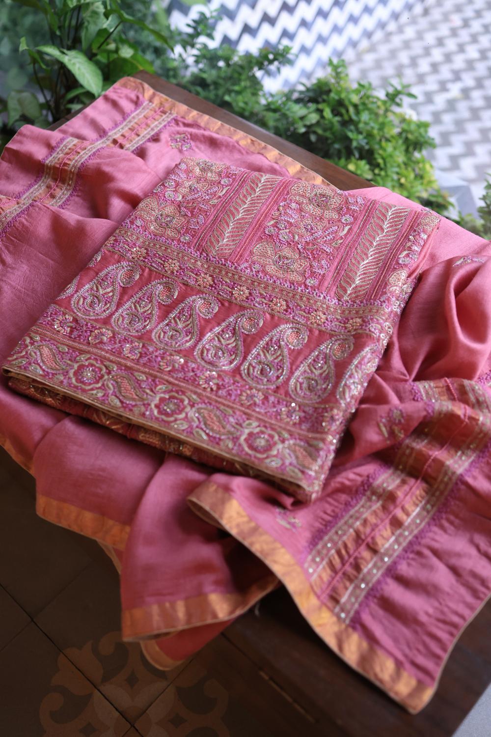 Carrot Pink Moonga Silk Chikankari Unstitched Fabric
