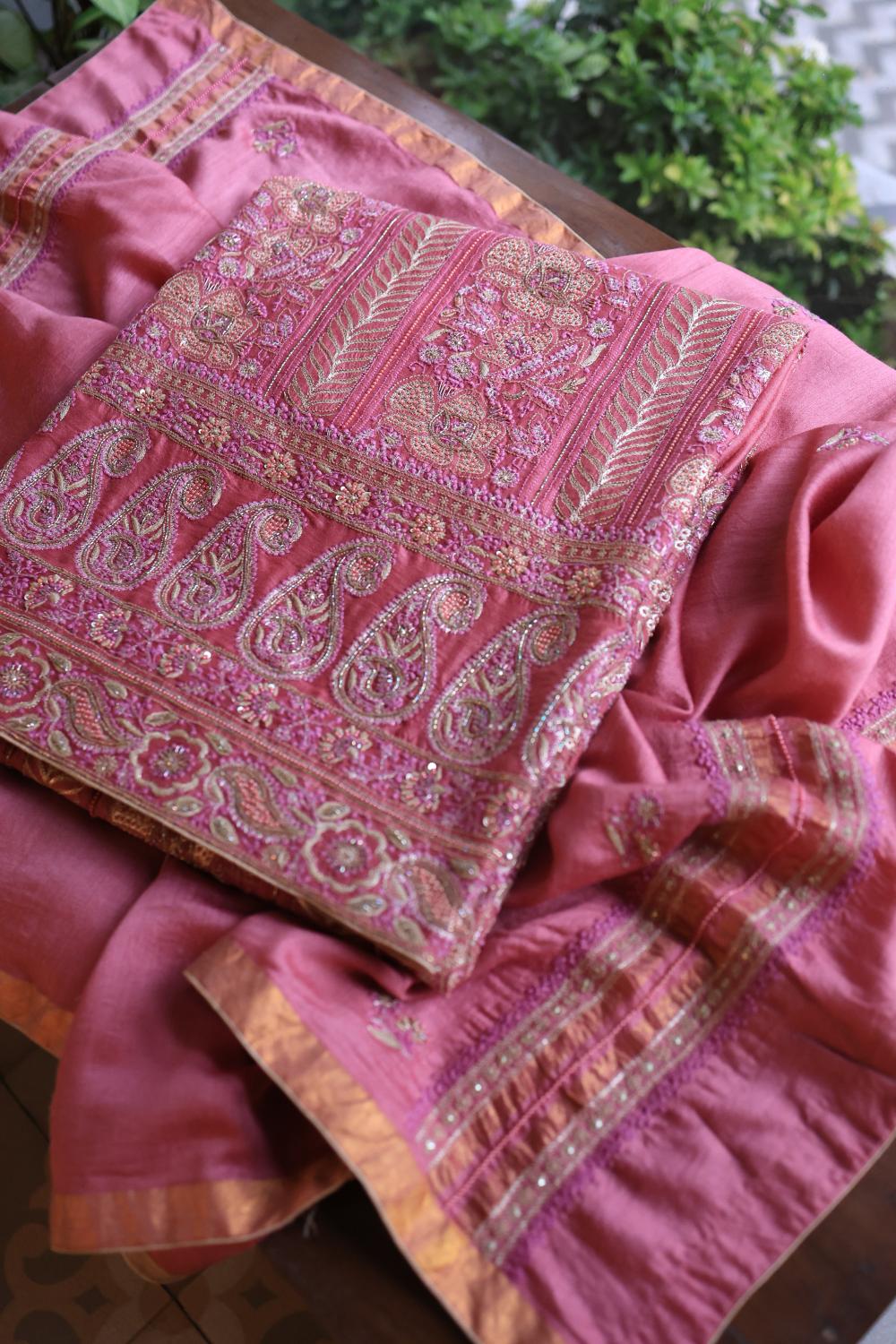 Carrot Pink Moonga Silk Chikankari Unstitched Fabric