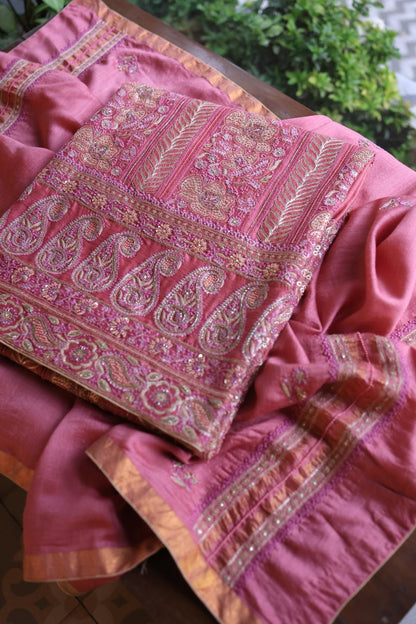 Carrot Pink Moonga Silk Chikankari Unstitched Fabric
