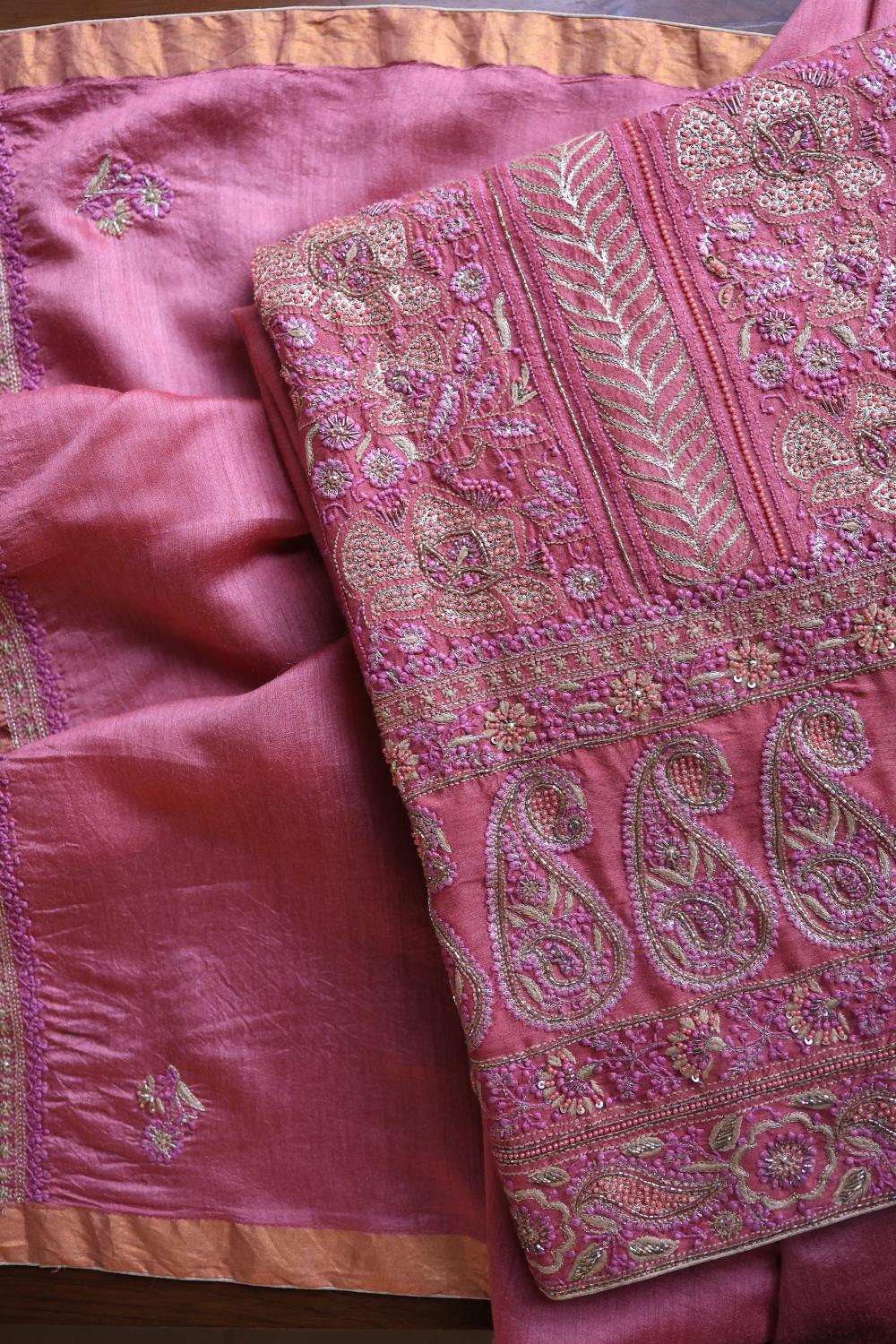 Carrot Pink Moonga Silk Chikankari Unstitched Fabric